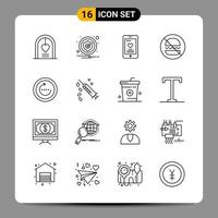 16 symboles de contour du pack d'icônes noires signes pour des conceptions réactives sur fond blanc 16 icônes définies fond de vecteur d'icône noire créative