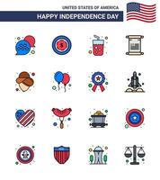 usa joyeux jour de l'indépendancepictogramme ensemble de 16 lignes simples remplies de chapeau usa boisson usa texte modifiable usa day vector design elements