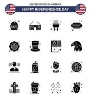 joyeux jour de l'indépendance 4 juillet ensemble de 16 glyphes solides pictogramme américain de drapeau international pays barbecue hot i dog modifiable usa day vector design elements