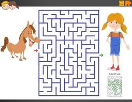 jeu de labyrinthe avec fille de dessin animé et poney vecteur