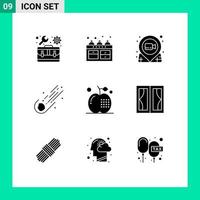 groupe de 9 signes et symboles de glyphes solides pour les éléments de conception vectorielle modifiables de punaise d'astronomie de film de météore de comète vecteur