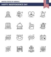 joyeux jour de l'indépendance pack de 16 lignes signes et symboles pour chapeau américain amour cola boisson modifiable usa day vector design elements