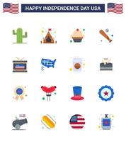 ensemble de 16 icônes de la journée des états-unis symboles américains signes de la fête de l'indépendance pour l'indépendance tambour dessert usa chauve-souris éléments de conception vectoriels de la journée des états-unis modifiables vecteur