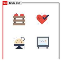 4 icônes plates universelles définies pour les applications web et mobiles apple food restauration rapide coeur cardiologie éléments de conception vectoriels modifiables vecteur