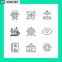 pack de 9 icônes de style de ligne définies symboles de contour pour imprimer des signes créatifs isolés sur fond blanc 9 jeu d'icônes fond de vecteur d'icône noire créative