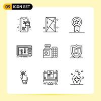 9 icônes créatives pour la conception de sites Web modernes et des applications mobiles réactives 9 signes de symboles de contour sur fond blanc 9 pack d'icônes fond de vecteur d'icône noire créative