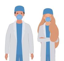 homme et femme médecin avec uniformes et masques vecteur