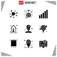 9 icônes style solide grille basée sur des symboles de glyphe créatifs pour la conception de sites Web simples signes d'icône solide isolés sur fond blanc 9 jeu d'icônes fond de vecteur d'icône noire créative