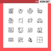ensemble moderne de 16 contours pictogramme d'éléments de conception vectoriels modifiables de bus de transport de main de véhicule d'affaires vecteur