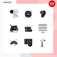 pack de 9 signes et symboles de glyphes solides modernes pour les supports d'impression Web tels que le bureau d'assistance de travail de conception éléments de conception vectoriels modifiables par l'homme personnel vecteur