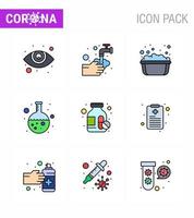 9 lignes remplies ensemble de couleurs plates d'icônes épidémiques de virus corona telles que bouteille de médicament bassin de recherche test de laboratoire coronavirus viral 2019nov éléments de conception de vecteur de maladie