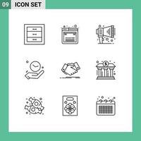 aperçu de l'interface mobile ensemble de 9 pictogrammes de poignée de main tremblante annoncer l'heure éléments de conception vectoriels modifiables à la main vecteur