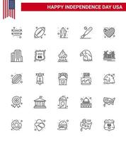 4 juillet usa joyeux jour de l'indépendance icône symboles groupe de 25 lignes modernes de drapeau usa fleur sport baseball modifiable usa day vector design elements