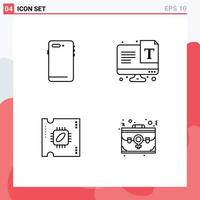 ligne d'interface mobile ensemble de 4 pictogrammes d'éléments de conception vectorielle modifiables de processeur de texte de processeur de téléphone vecteur