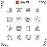 16 icônes ligne style grille basée sur des symboles de contour créatifs pour la conception de sites Web signes d'icône de ligne simple isolés sur fond blanc 16 jeu d'icônes fond de vecteur d'icône noire créative