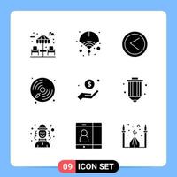 9 symboles de glyphe de pack d'icônes noires solides pour les applications mobiles isolés sur fond blanc 9 icônes définies fond de vecteur d'icône noire créative