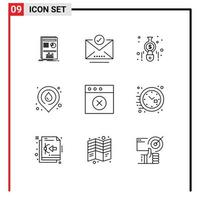 ensemble de 9 symboles d'icônes d'interface utilisateur modernes signes pour supprimer l'emplacement comptabilité carte feu éléments de conception vectoriels modifiables vecteur