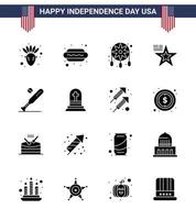 pack de 16 signes de glyphes solides de célébration de la fête de l'indépendance des états-unis et symboles du 4 juillet tels que la décoration de balle de chauve-souris vecteur