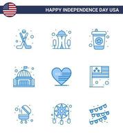 9 panneaux bleus pour la fête de l'indépendance des états-unis amour bâtiment de point de repère de boisson blanche modifiable éléments de conception de vecteur de jour des états-unis