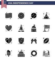 gros pack de 16 usa joyeux jour de l'indépendance usa vecteur glyphes solides et symboles modifiables du lanceur coeur états drapeau tente modifiable usa jour vecteur éléments de conception