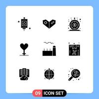 pack de 9 glyphes solides créatifs d'éléments de conception vectoriels modifiables de coeur de symbole instantané de chaudière de tour de refroidissement vecteur