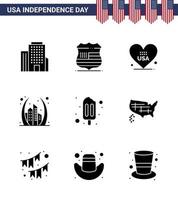 joyeux jour de l'indépendance 4 juillet ensemble de 9 glyphes solides pictogramme américain de popsicle usa love landmark building modifiable usa day vector design elements