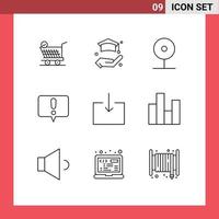 pack de lignes vectorielles modifiables de 9 contours simples d'éléments de conception vectoriels modifiables d'alerte de conversation cctv flèche d'importation vecteur