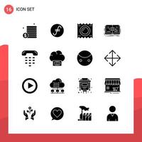 pack de 16 icônes de glyphes universels pour les supports d'impression sur fond blanc vecteur