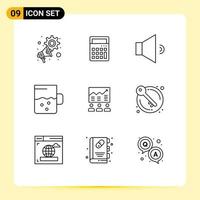 aperçu de l'interface mobile ensemble de 9 pictogrammes d'éléments de conception vectoriels modifiables de boisson d'équipe de son de flèche de graphique vecteur
