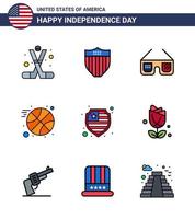 pack de 9 célébrations de la fête de l'indépendance des états-unis signes de lignes remplies à plat et symboles du 4 juillet tels que les sports de protection usa ball usa modifiables usa day vector design elements