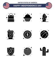 4 juillet usa joyeux jour de l'indépendance icône symboles groupe de 9 glyphes solides modernes de dollar usa fleur usa boisson modifiable usa day vector design elements