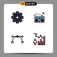 interface mobile ligne remplie couleur plate ensemble de 4 pictogrammes d'éléments de conception vectoriels modifiables de données radio multimédia de point d'engrenage vecteur
