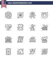 ensemble moderne de 16 lignes et symboles le jour de l'indépendance des états-unis tels que le drapeau love police heart cap modifiable usa day vector design elements