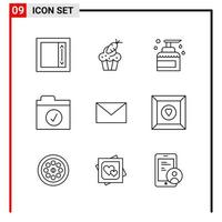9 icônes générales pour la conception de sites Web d'impression et d'applications mobiles 9 signes de symboles de contour isolés sur fond blanc 9 pack d'icônes vecteur