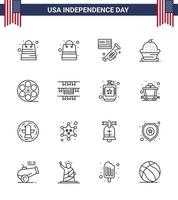 16 usa line pack de signes et symboles de la fête de l'indépendance des bruants vidéo gâteau jouer thanksgiving modifiable usa day vector design elements