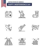 joyeux jour de l'indépendance 9 lignes pack d'icônes pour le web et l'impression usa bat usa baseball cadeau modifiable usa day vector design elements