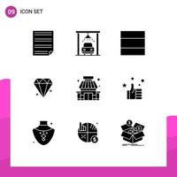 groupe de 9 signes et symboles de glyphes solides pour les éléments de conception vectoriels modifiables de bijoux de construction de grille de magasin de supermarché vecteur