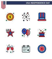 joyeux jour de l'indépendance 9 lignes plates remplies pack d'icônes pour le web et l'impression célébrer usa chapeau drapeau étoile modifiable usa day vector design elements