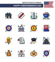 joyeux jour de l'indépendance pack de 16 lignes remplies à plat signes et symboles pour insigne monument américain café thé modifiable usa day vector design elements