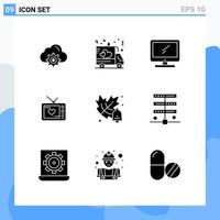 pack de 9 signes et symboles de glyphes solides modernes pour les supports d'impression web tels que l'automne valentine ordinateur amour pc éléments de conception vectoriels modifiables vecteur