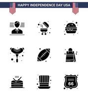 9 usa pack de glyphes solides de signes et symboles de la fête de l'indépendance du sac à main usa repas ballon de sport modifiable usa day vector design elements