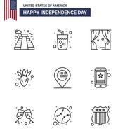 joyeux jour de l'indépendance 9 lignes pack d'icônes pour le web et la carte d'impression divertissement américain thanksgiving américain modifiable éléments de conception de vecteur de jour des états-unis