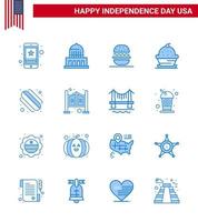 ensemble moderne de 16 blues et symboles le jour de l'indépendance des états-unis tels que le muffin de thanksgiving usa dessert usa modifiable usa day vector design elements