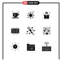 ensemble moderne de 9 glyphes et symboles solides tels que le microphone de musique finançant des éléments de conception vectoriels modifiables de meubles audio vecteur
