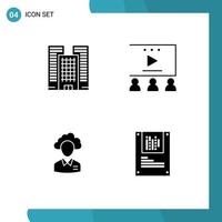 4 ensemble de glyphes solides universels pour les applications Web et mobiles créant des tutoriels vidéo de publicité en ligne humaine gestionnaire d'éléments de conception vectoriels modifiables vecteur