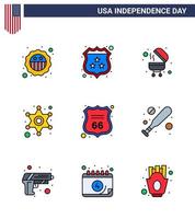 plat rempli ligne pack de 9 symboles de la fête de l'indépendance des états-unis de signe sécurité barbecue police signe police modifiable usa day vector design elements