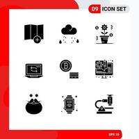 pack de glyphes solides de 9 symboles universels d'éléments de conception vectoriels modifiables de réseau matériel bitcoin dollar vecteur