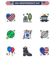 usa independance day plat rempli ligne ensemble de 9 pictogrammes usa des etats unis invitation chariot united baseball modifiable usa day vector design elements