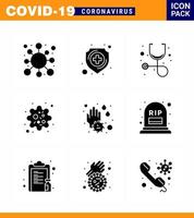 9 pack d'icônes covid19 de coronavirus noir glyphe solide tel que bouclier de virus de savon infection par un agent pathogène coronavirus viral 2019nov éléments de conception de vecteur de maladie