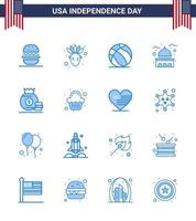 ensemble moderne de 16 blues et symboles le jour de l'indépendance des états-unis tels que sac boule blanche usa house modifiable usa day vector design elements